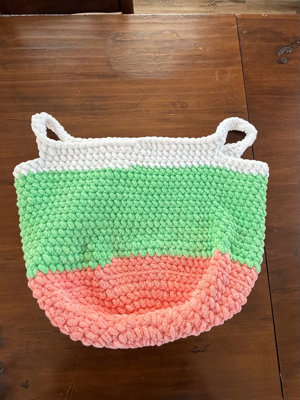 Hand made Crochet Basket Tote - Green, Coral & White - super soft